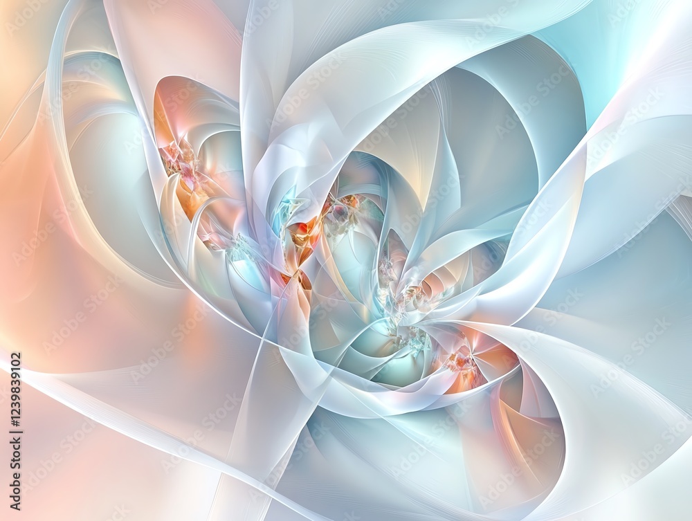 Poster abstract representation of swirling shapes and colors in soft hues creating a sense of motion and ca