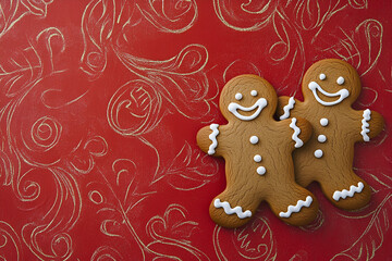 Fototapeta premium Gingerbread Pair on Red: Two cheerful gingerbread men, adorned with simple icing smiles, stand side-by-side against a festive red background with a delicate white pattern.
