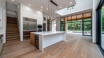 Modern kitchen with open layout, featuring an island and large windows for natural light.
