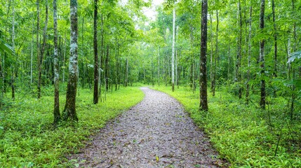 Fototapeta premium Winding path through lush green forest, nature walk, tranquility