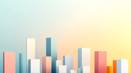 Fototapeta premium A colorful skyline illustration featuring modern geometric buildings against a gradient sky, evoking a serene urban atmosphere.
