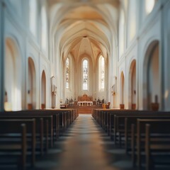 Fototapeta premium Tranquil church interior, rows of pews.