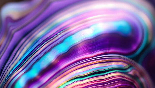 Haliotis iris, paua blackfoot. Beautiful abstract background texture of multicolored purple blue green iridescent abalone seashell close up macro shot. Shiny rainbow color mother of pearls sea shell