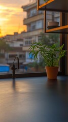 Cozy Kitchen Sunset  Plant  Faucet  Dark Countertop  Warm Lighting