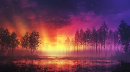 Vibrant Sunset Over Foggy Lake Surrounded by Tall Trees in a Serene Forest Setting