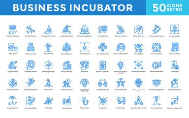 Business Incubator icons set with business workshop, skill development, entrepreneur training, leadership program, online learning platform, training session icon. Simple retro vector 
