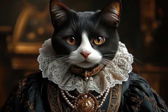 A regal tuxedo cat in renaissance attire