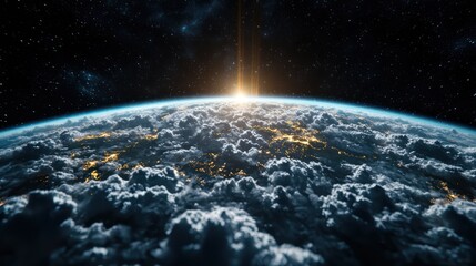Obraz premium A breathtaking view of Earth from space at sunrise, showcasing clouds and city lights.