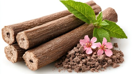 A composition of licorice roots, powder, and mint leaves, highlighting natural ingredients.