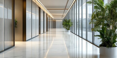 Obraz premium Modern Office Corridor with Glass Walls and Marble Floor
