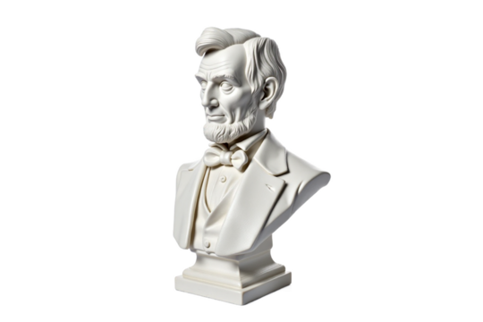 President's Day Concept: A bust of Abraham Lincoln made of marble, isolated on a white background.
