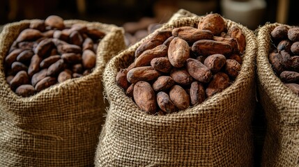 Assortment of Raw Cacao Pods and Beans Displayed in Rustic Burlap Sacks, Showcasing the Natural Texture and Color Variation of Cacao Harvest in Traditional Market Setting