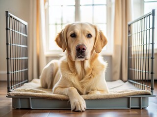 Relaxed Blonde Labrador Resting Comfortably in its Crate