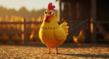 Cute Cartoon Chicken Farm Sunrise Scene Illustration