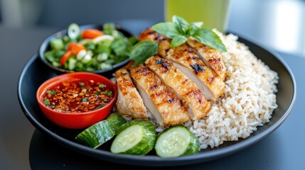 A plate of grilled chicken served with rice, vegetables, and dipping sauce.