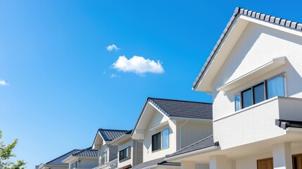 A row of modern houses under a clear blue sky, showcasing contemporary architecture.