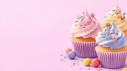 Sweet Treat Trio: Three delectable cupcakes, adorned with swirls of pink, blue and yellow frosting, topped with sprinkles and candy.  A delightful arrangement, perfect for birthday celebrations.