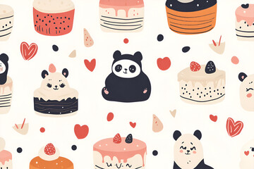 Cute Panda Cakes Seamless Pattern: Adorable panda bears and delicious cakes create a delightful, whimsical seamless pattern perfect for fabrics, wallpapers, and more.