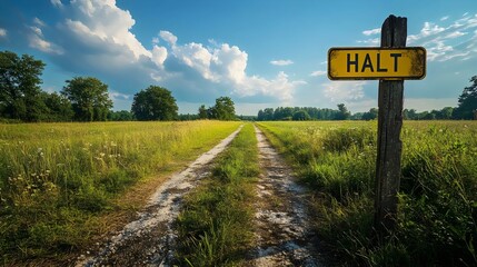 A yellow sign with the word "Halt" on it is in the middle of a field