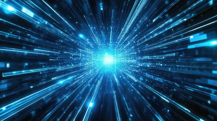 Abstract digital background with bright blue rays emanating from a central point, creating a sense of motion and depth, ideal for futuristic technology concepts and designs.