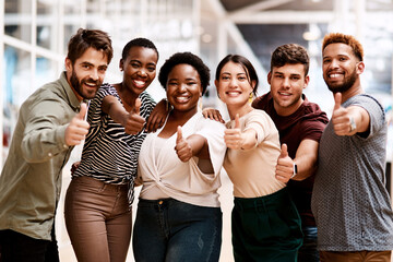 Creative, team or thumbs up of success achievement, portrait or employee engagement in startup. Internship, diversity opportunity or happy people with like, review or support vote in company feedback