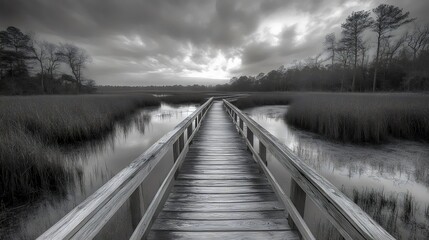 A bridge over a body of water with a cloudy sky in the background