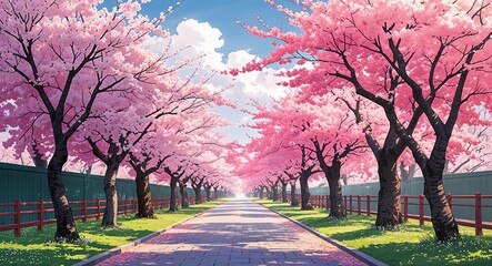 Pathway lined with cherry blossoms in full bloom in spring illustration