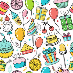 Here's a caption and keywords for your stock photo.. Colorful hand-drawn birthday party seamless pattern with cakes, balloons, gifts, and confetti.