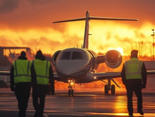 ground crew members in reflective jackets guiding a private jet onto the tarmac at sunset - ai