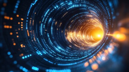Abstract swirling tunnel of blue and orange light. Illustrates concepts of data flow, digital speed, or futuristic travel.