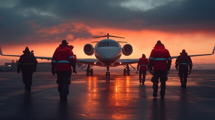 ground crew members in reflective jackets guiding a private jet onto the tarmac at sunset - ai