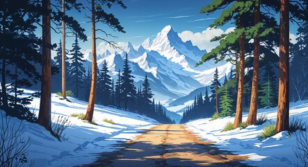 Serene mountain path with distant snow capped peaks visible through pine trees in winter illustration