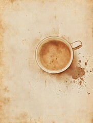 A cup of coffee sits on aged paper with stains