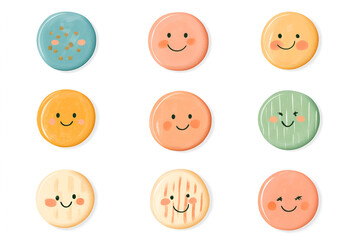 Cheerful Smiley Face Buttons: A set of nine adorable, colorful smiley face buttons in various patterns, perfect for adding a touch of whimsy and positivity to any project.  