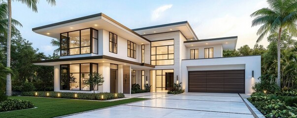 Fototapeta premium A modern, spacious home with large windows, a sleek facade, and landscaped surroundings, showcasing contemporary architectural design.