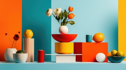 A vibrant still life featuring colorful shapes, fruits, and flowers against a multicolored background, creating a cheerful and artistic composition.