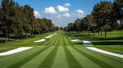 A scenic view of a well-maintained golf course with manicured fairways and sand traps.