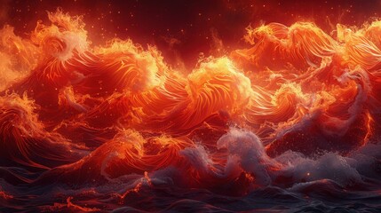 Fiery waves of red and orange crashing into blue ocean