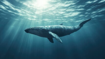Obraz premium Majestic Humpback Whale Swimming Gracefully in Serene Blue Ocean Water Beneath Sunlight Filtering Through Waves in an Underwater Scene