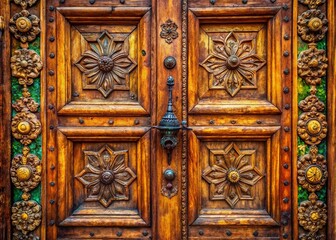 Rustic Wooden Door with Aged Handle and Intricate Detail
