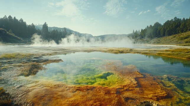 70.A dramatic shot of thick steam rising from a hot spring surrounded by colorful bacterial colonies in shades of green and rust, against the backdrop of a forested horizon and a clear blue sky.