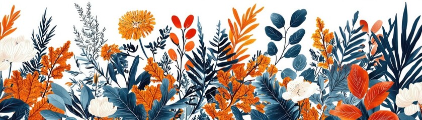 A vibrant floral pattern featuring orange and navy blue flowers, leaves, and lush greenery, creating a lively and colorful design.