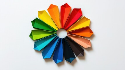 Obraz premium A vibrant circular arrangement of folded paper pieces in various colors, creating a striking display of hues and shapes.