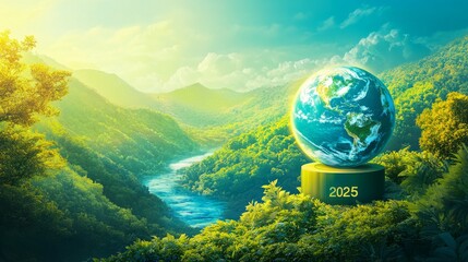 25.A futuristic concept showing a lush green landscape with a glowing Earth globe resting on a pedestal labeled 2025. In the background, a serene river meanders through the hills, with a blue sky