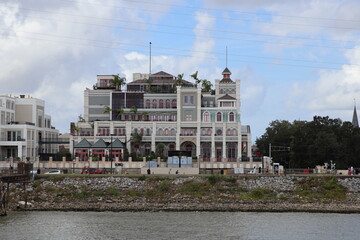New Orleans, Louisiana city skyline from a steamboat on the Mississippi River