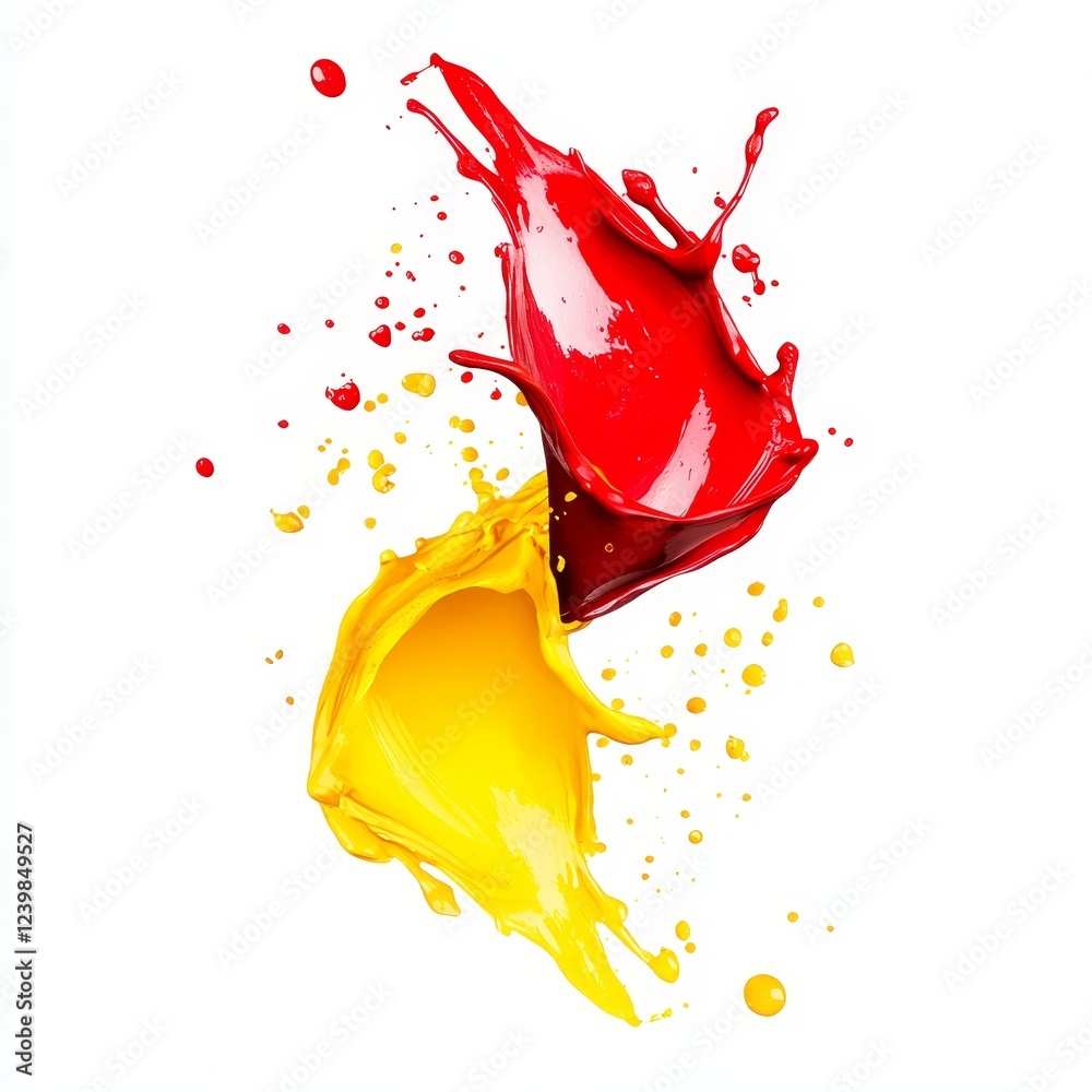 Poster red and yellow paint splashes collide, creating dynamic, abstract art.