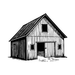 Obraz premium barn on farm land sketch engraving black and white outline. Scratch board imitation. 