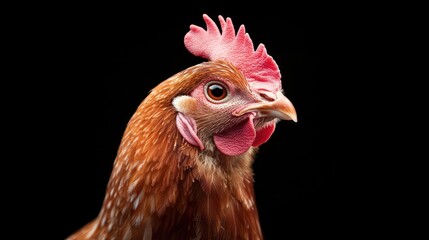 Hen portrait, black background, farm animal, poultry