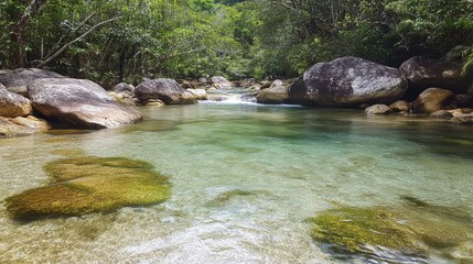 Naklejka na ściany i meble 81.A close-up of the Mossman Riverâ€™s crystal-clear waters rushing gently around moss-covered rocks, with vibrant green vegetation framing the natural beauty of the Daintree National Park.