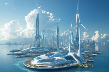 Fototapeta premium Futuristic floating city with towering skyscrapers, wind turbines, and solar-powered buildings, showcasing sustainable architecture and advanced eco-friendly technology